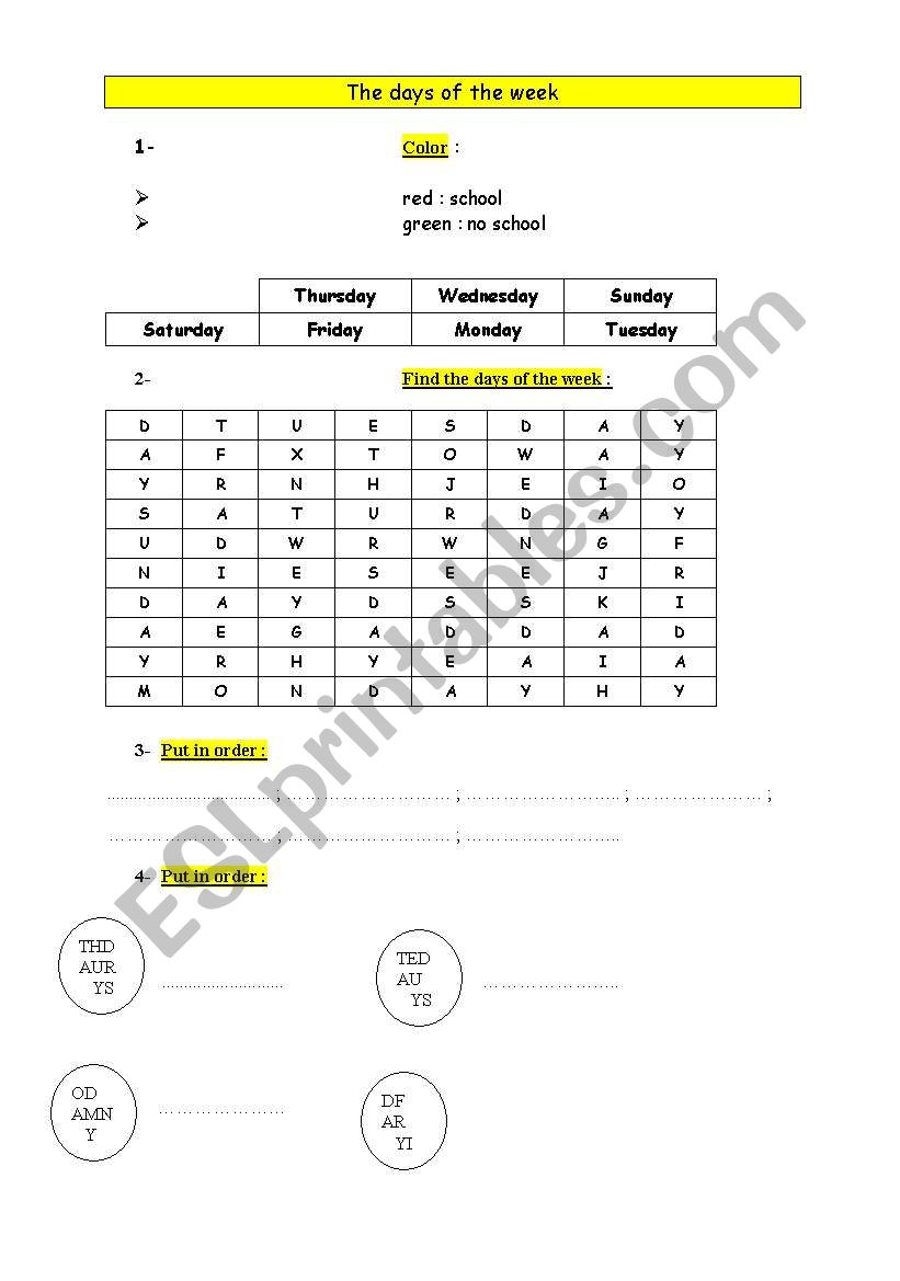 The days of the weeks worksheet