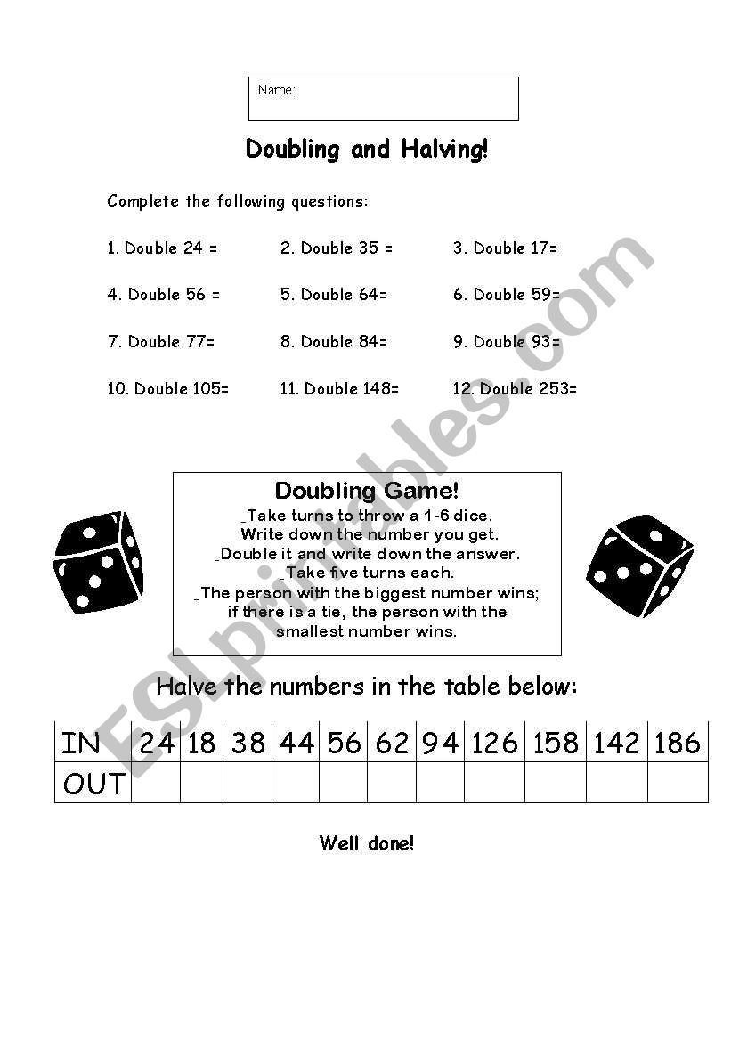 Doubling and Havling worksheet