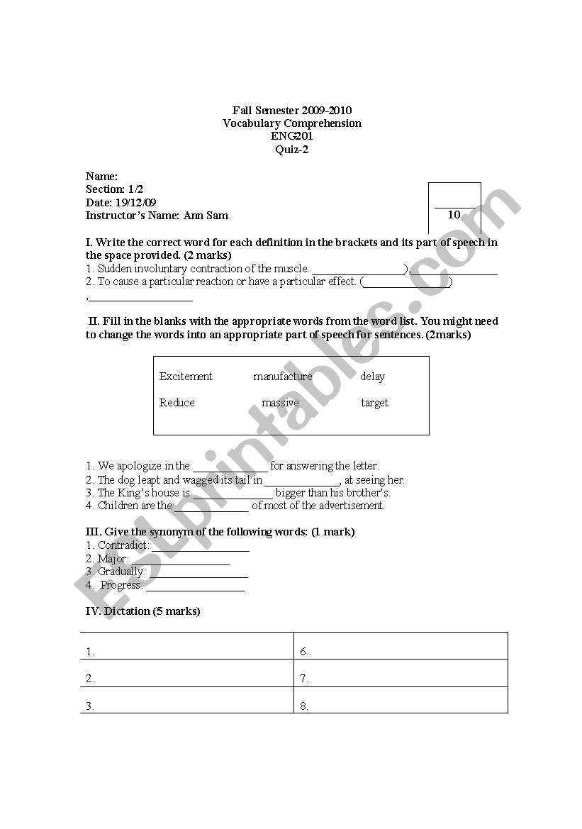 Vocabulary quiz  worksheet