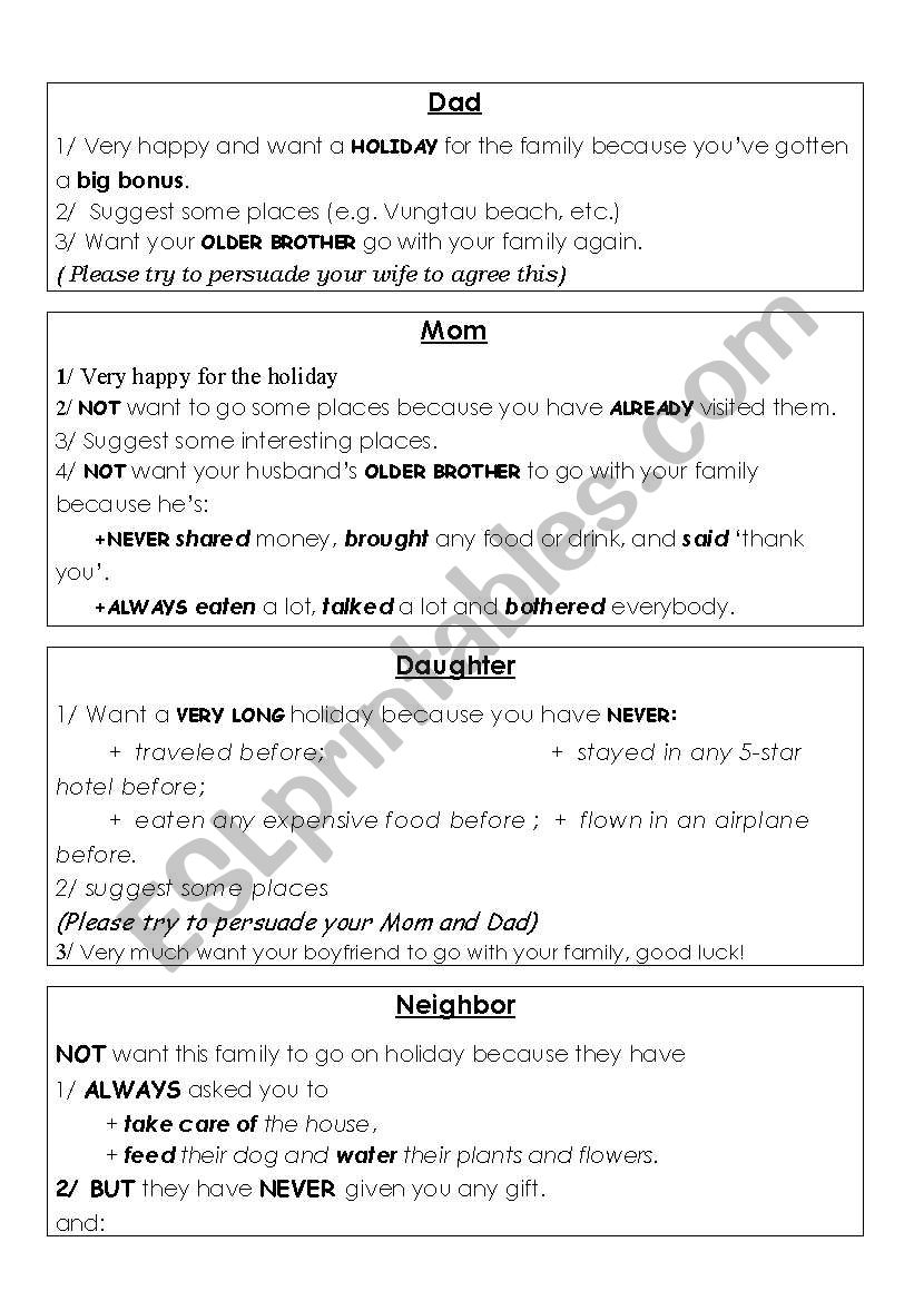 Family Holiday worksheet