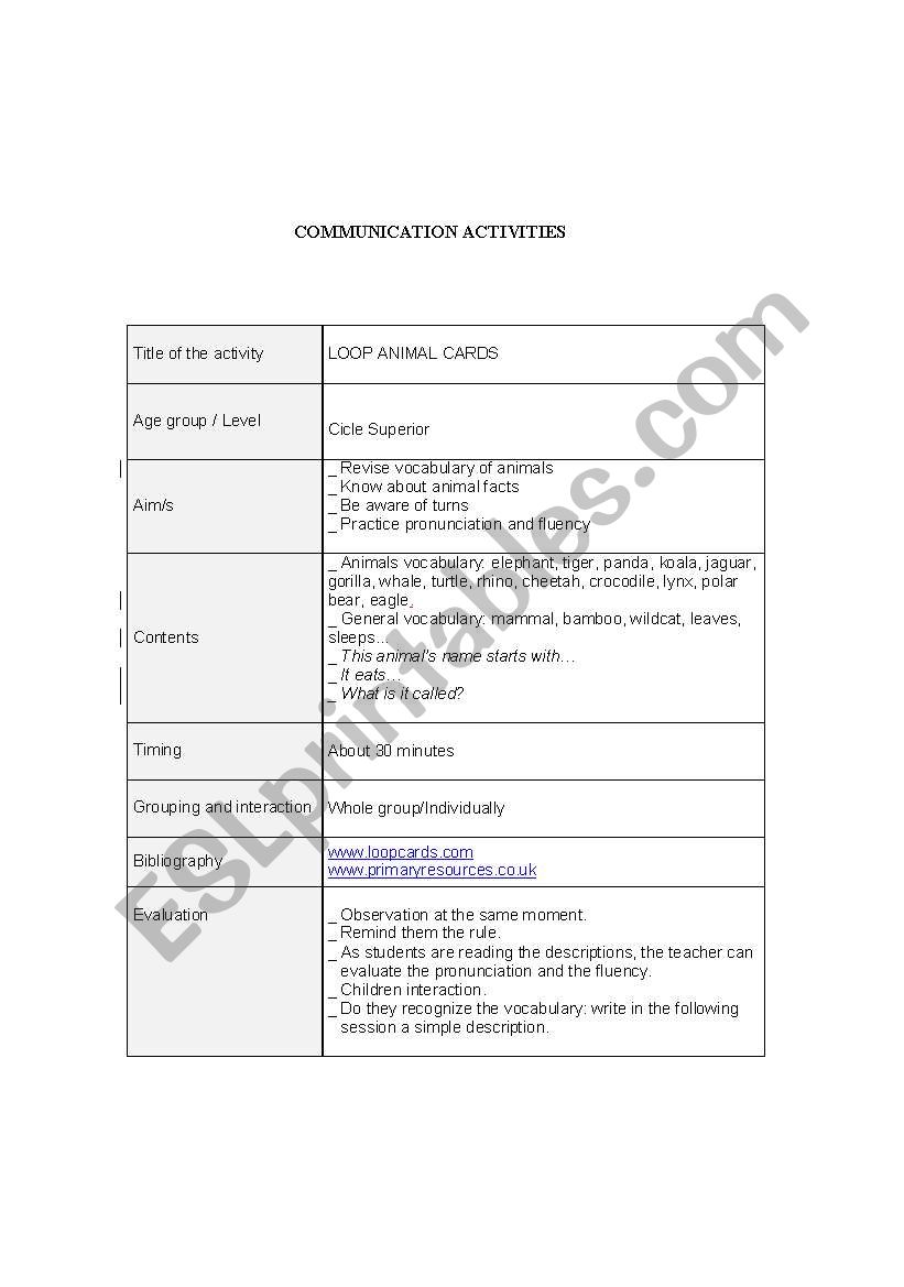 Animal loop cards worksheet