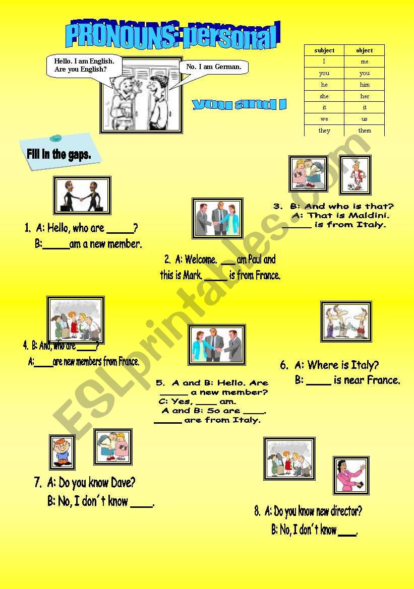 Personal Pronouns worksheet