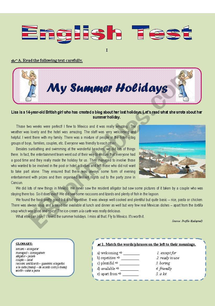 SUMMER HOLIDAYS (Reading comprehension)