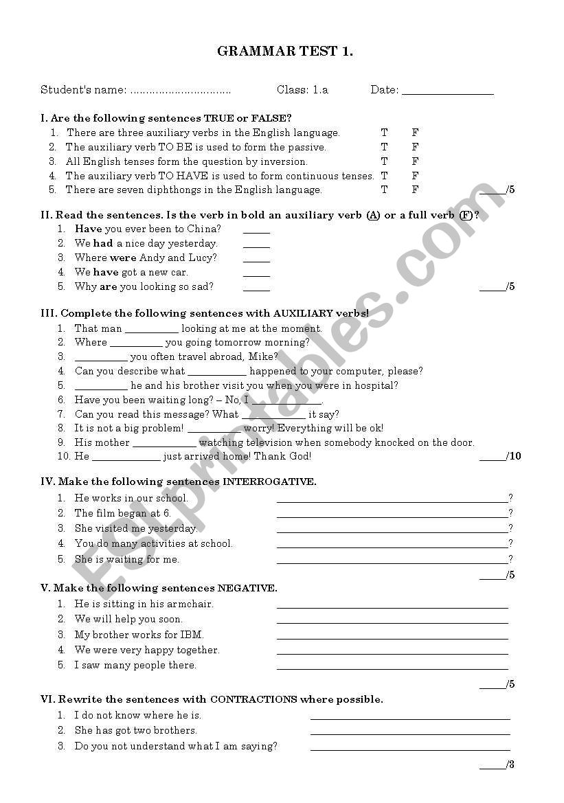 GRAMMAR TEST - Auxiliary verbs and their use