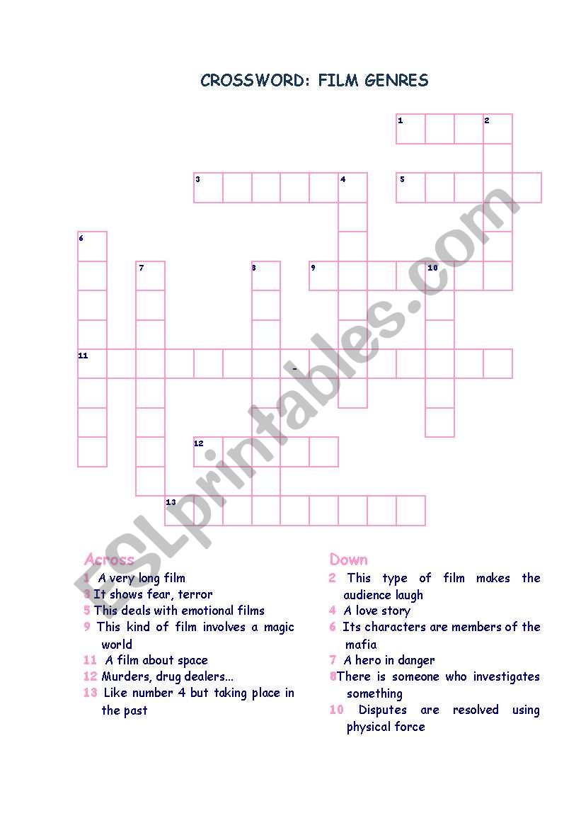 FILM GENRES CROSSWORD worksheet