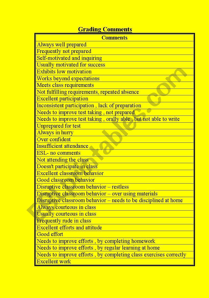 assessment comments worksheet