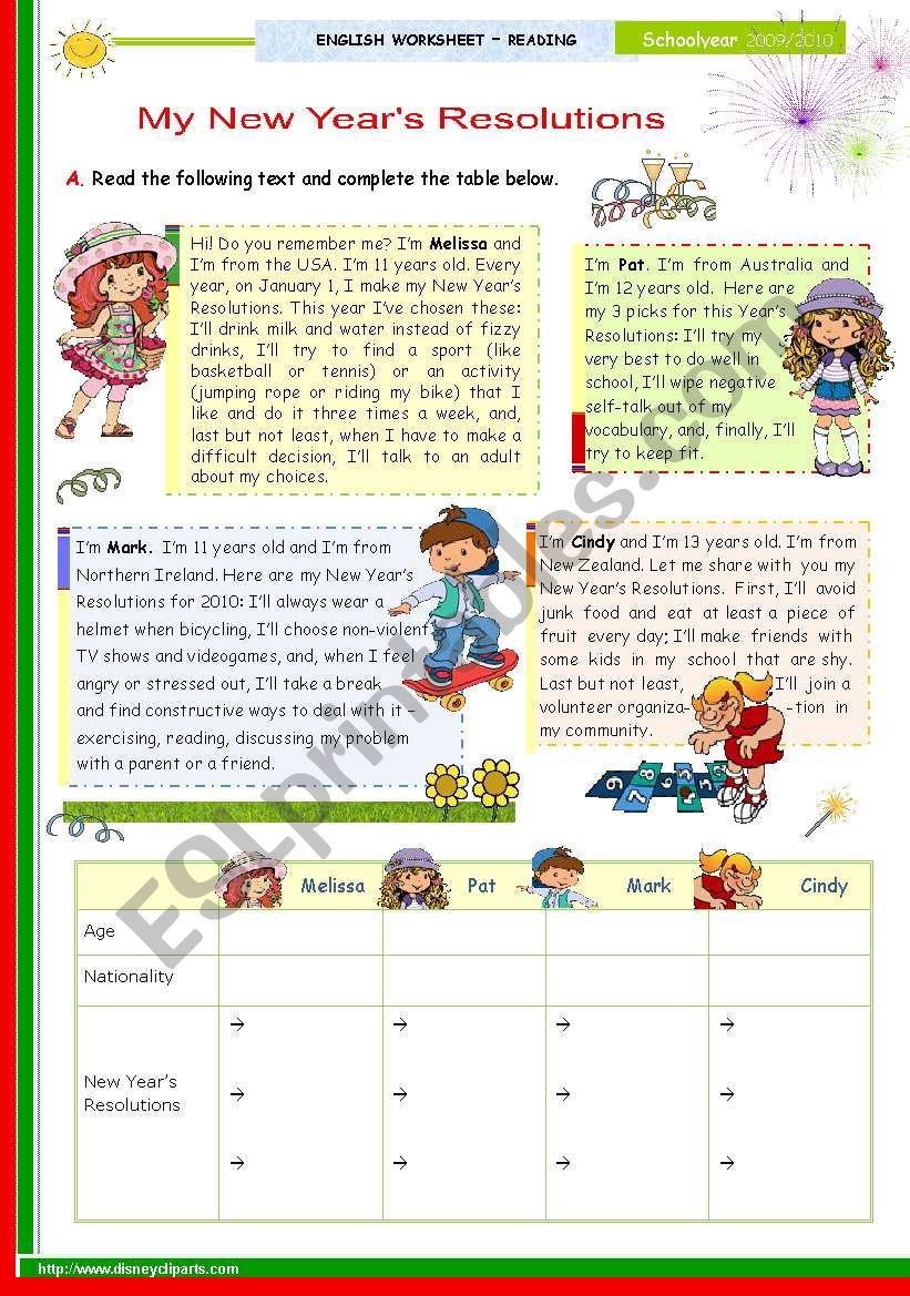 The 1st 45-minute-lesson (of 2) on the topic New Years Resolutions -- Reading Comprehension for Upper Elementary and Lower intermediate students