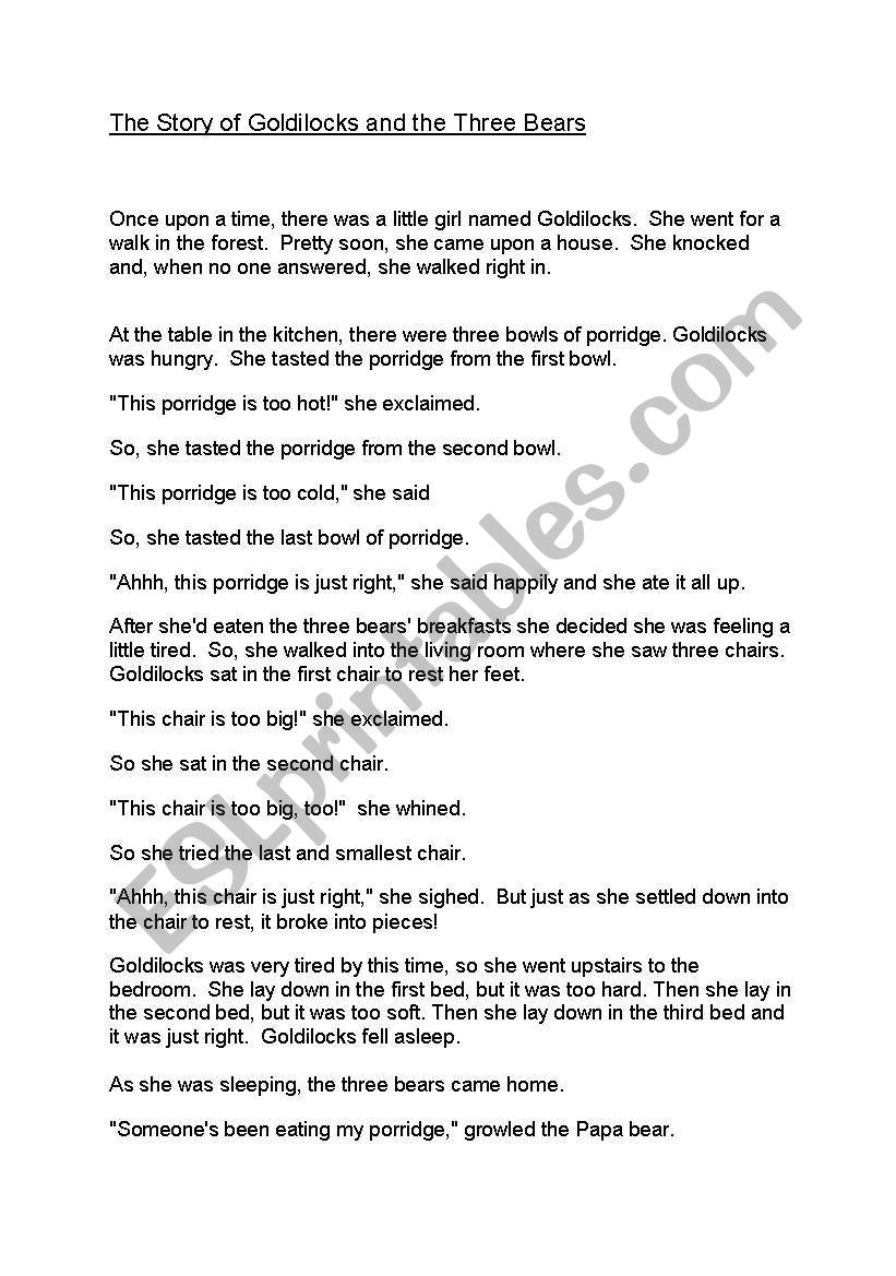 Goldilocks and the 3 Bears - Put the story in the correct order
