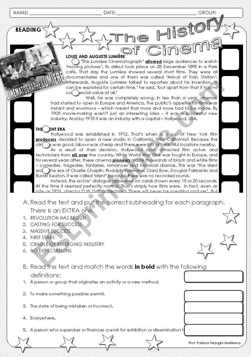 The History of Cinema worksheet