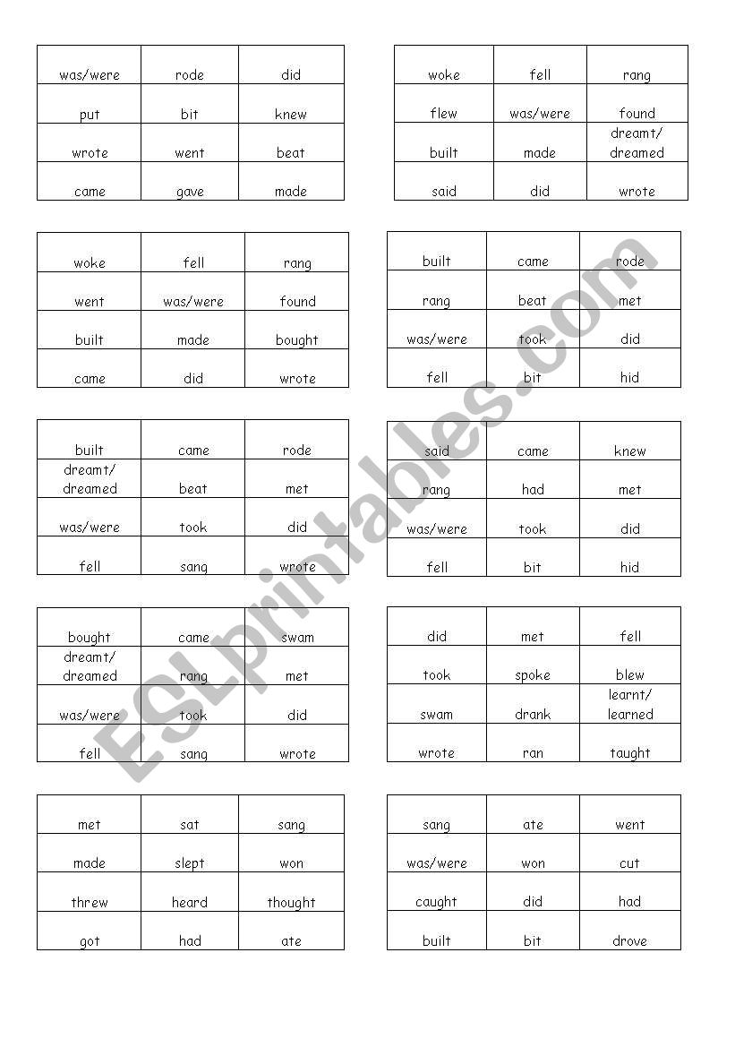 Irregular Verbs Bingo worksheet