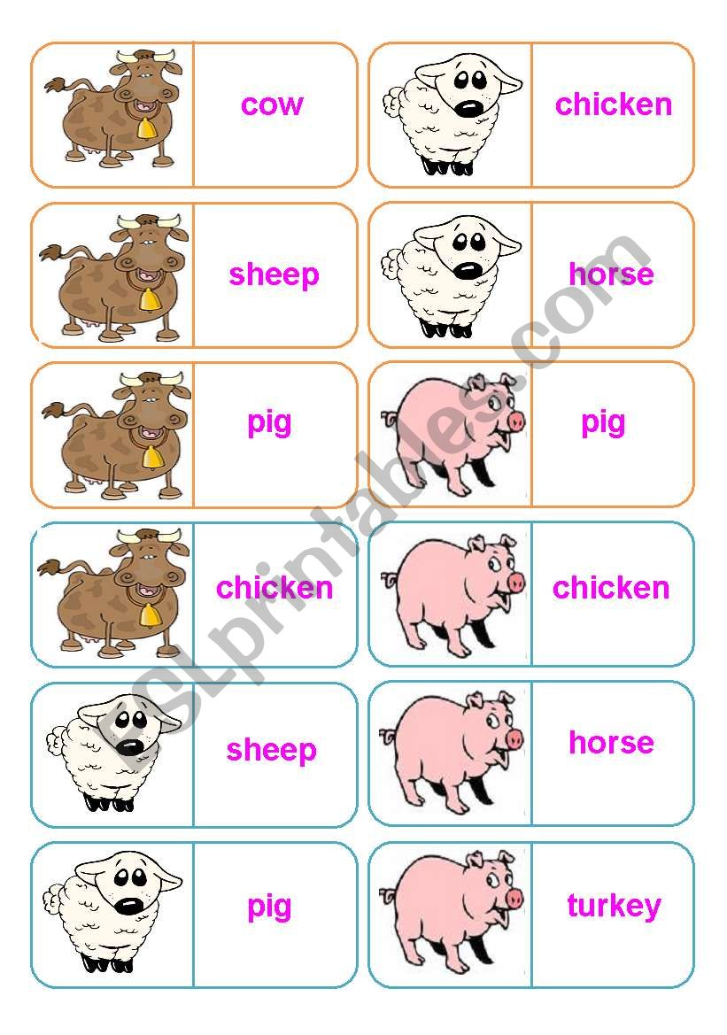 Farm animals - 28 dominoes - 4 pages - instructions included - fully editable