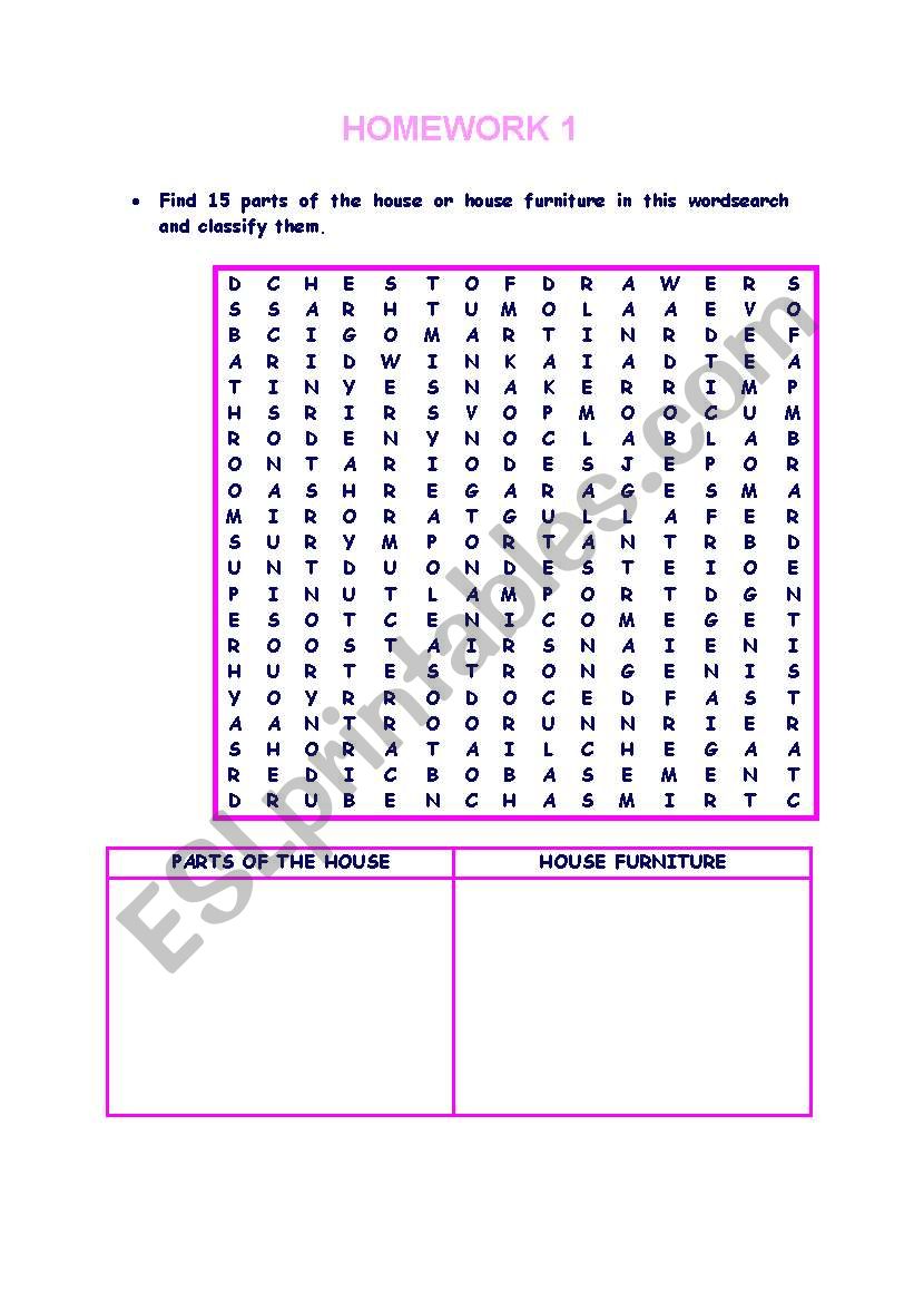 wordsearch parts of the house and house furniture