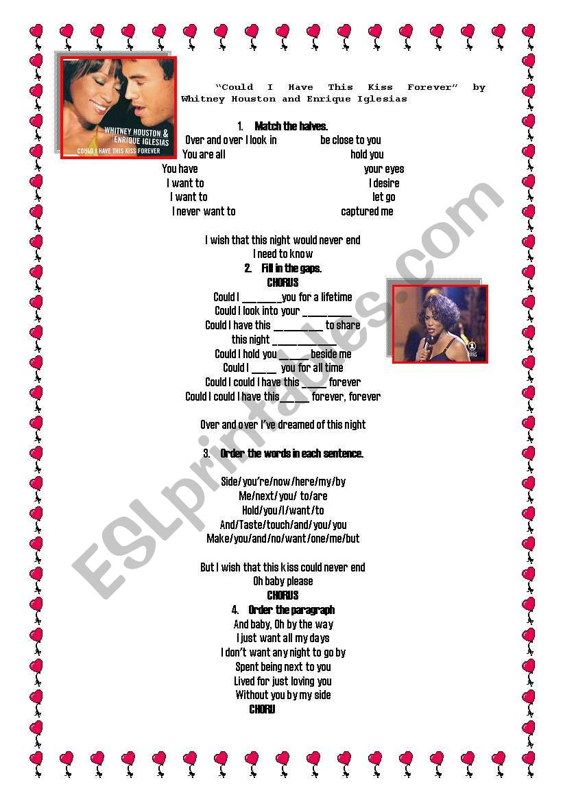 Song Could I Have This Kiss Forever By Whitney Houston And Enrique Iglesias Esl Worksheet By Missfrancisca