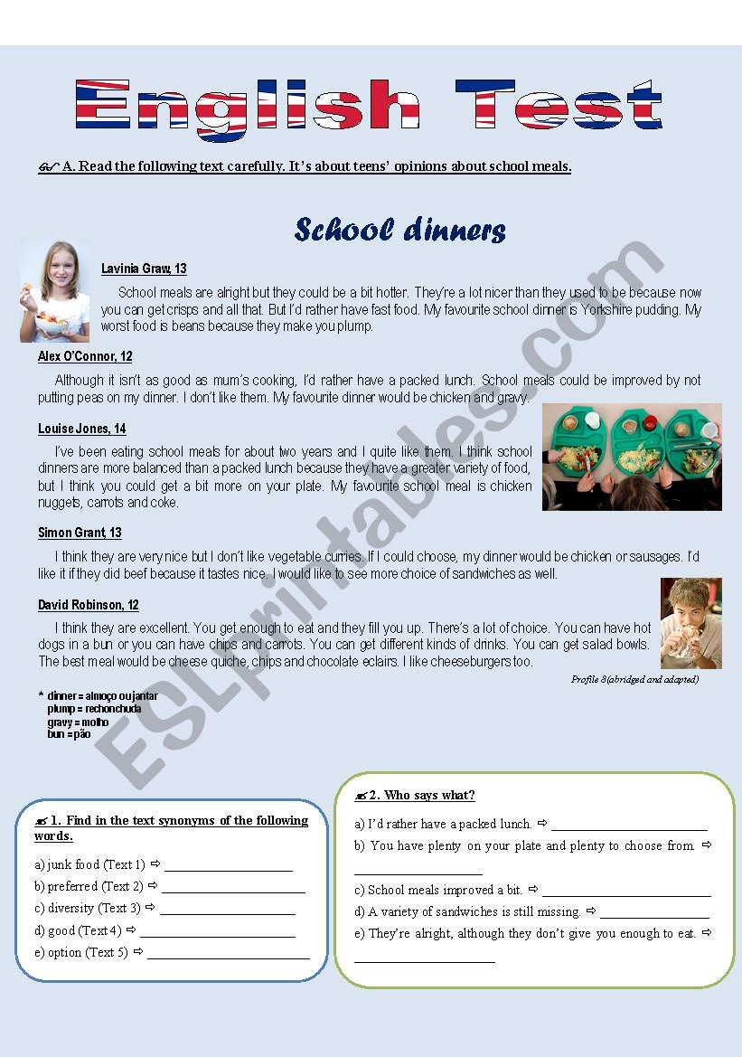 School dinners (Reading comprehension)