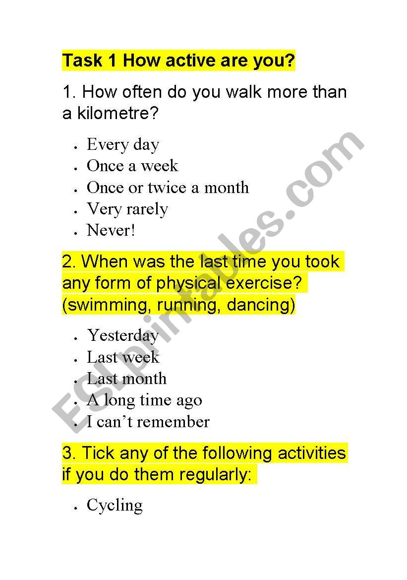 Exercise and Lifestyle Lesson worksheet