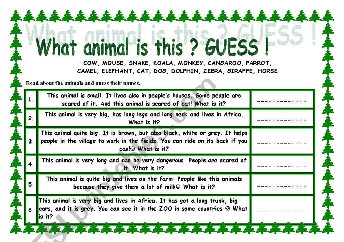 What animal is this ? GUESS ! worksheet