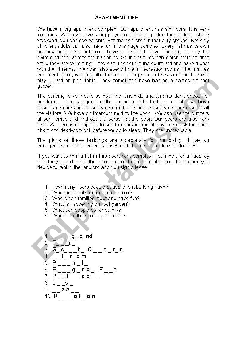 APARTMENT LIFE  worksheet