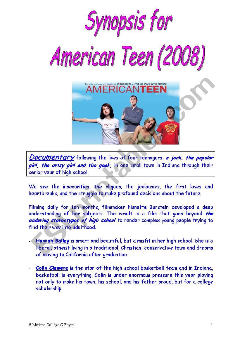 WORKSHEET for VIDEO : American Teen ( documentary) doc 2