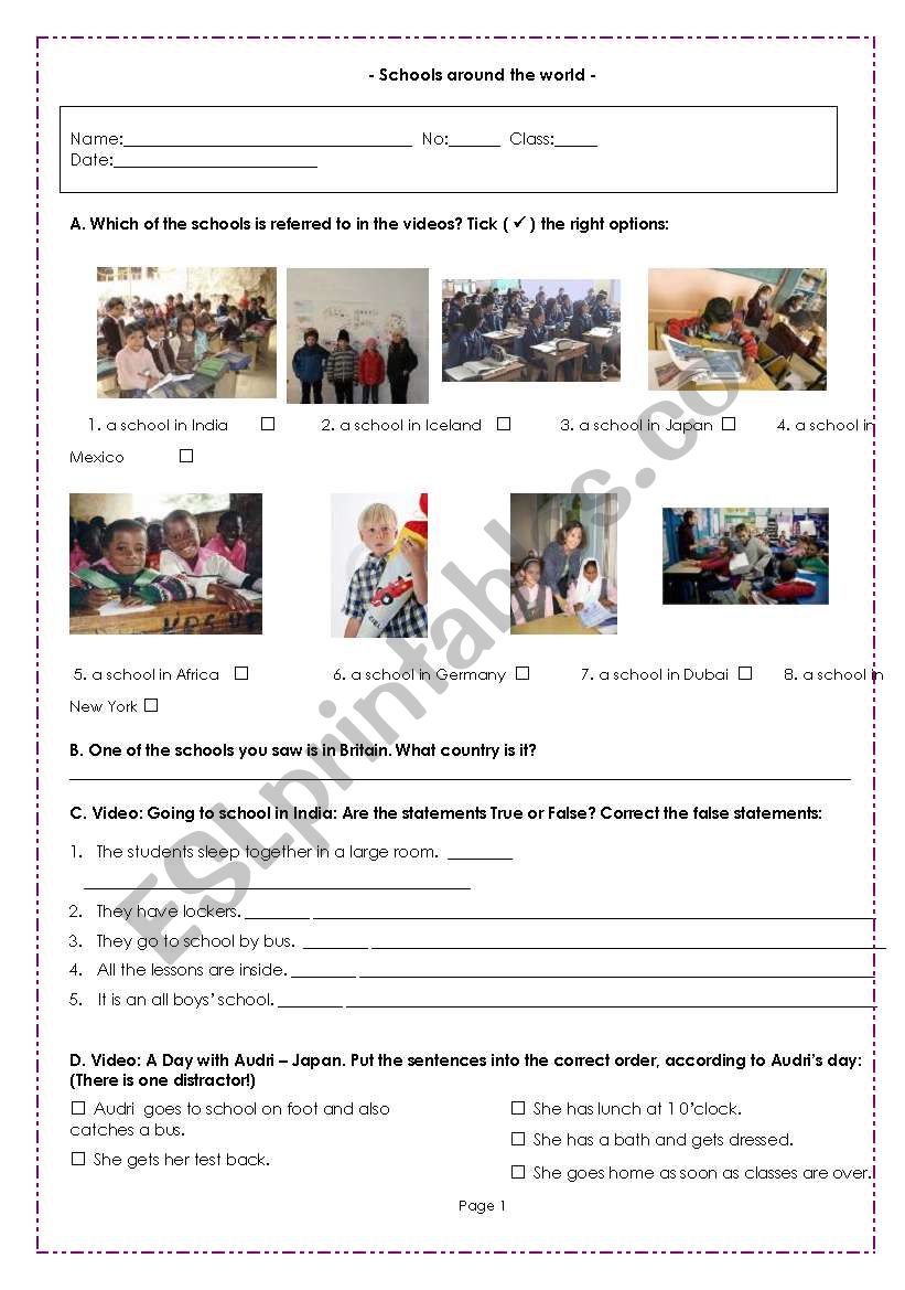 Schools around the world worksheet