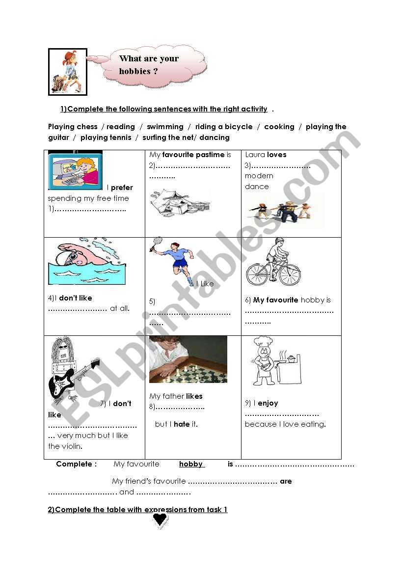 hobbies worksheet