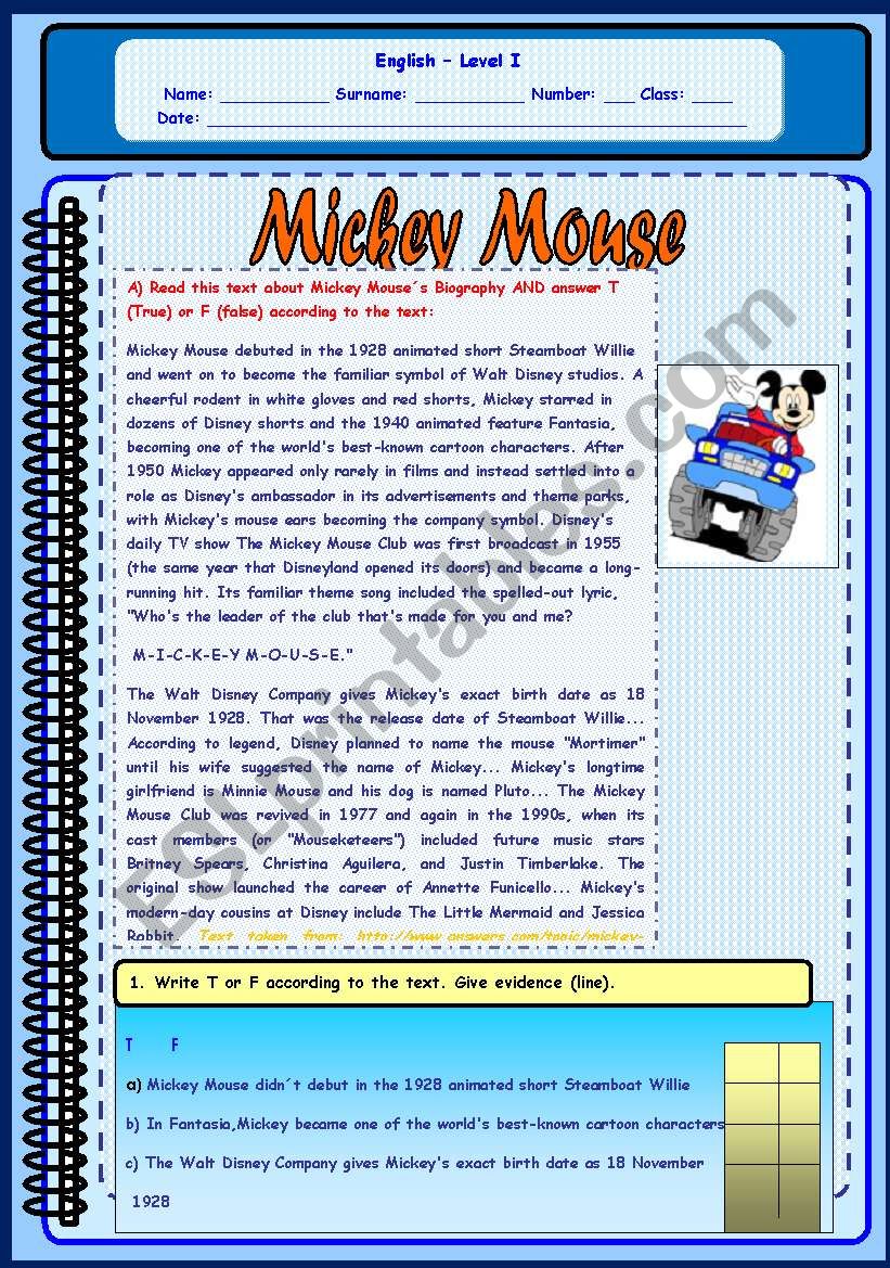 MICKEY MOUSE READING AND COMPREHENSION EXERCISES