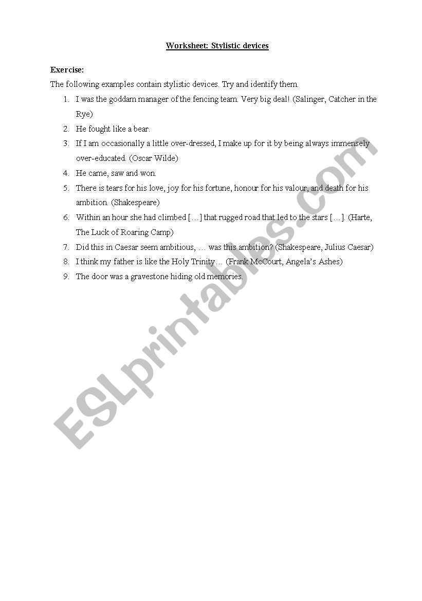 Exercise - stylistic devices worksheet