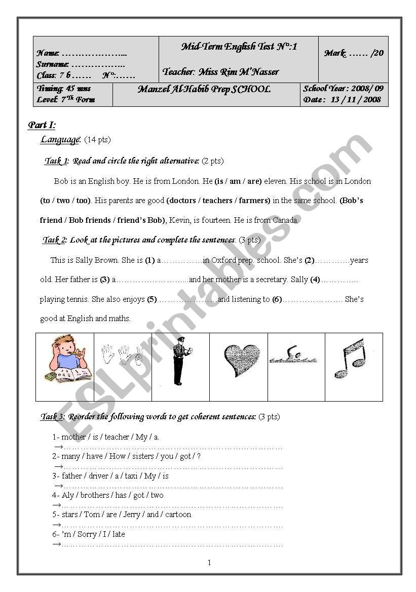 7 Th Form Mid-Term Test (Term 1)