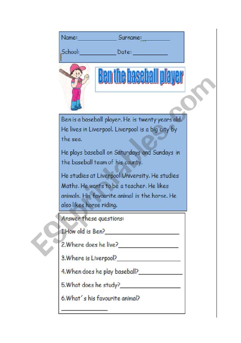 Ben the baseball player worksheet