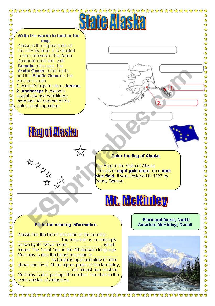 Alaska (Geography, cities, flag, mountain McKinley)