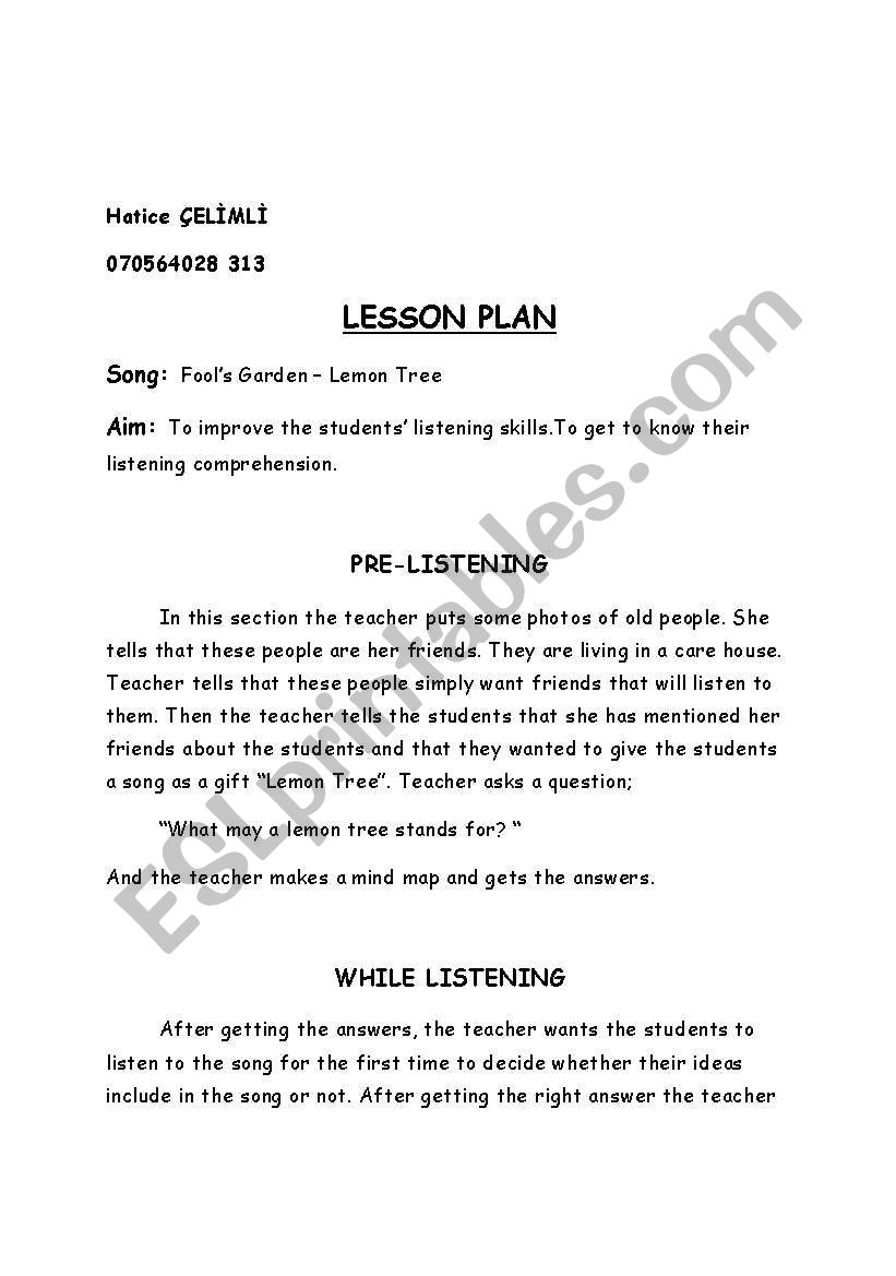 FOOLS GARDEN LEMON TREE worksheet