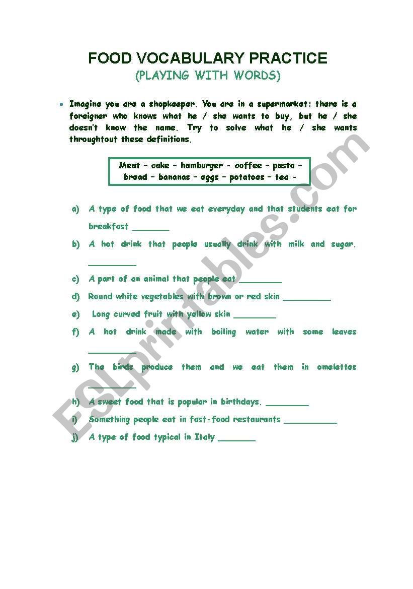 Food vocabulary practice worksheet