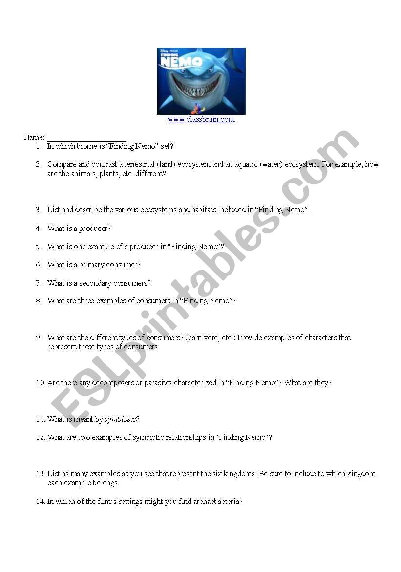 finding nemo  worksheet