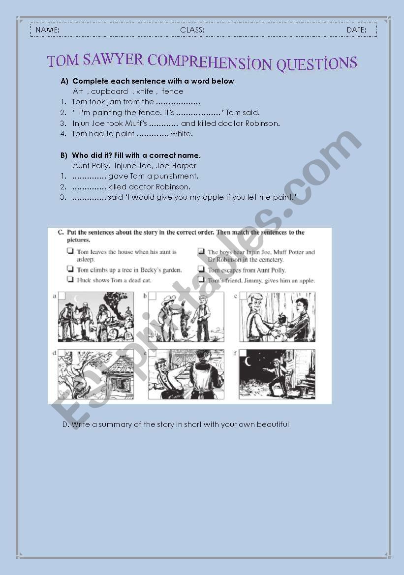 tom sawyer worksheet