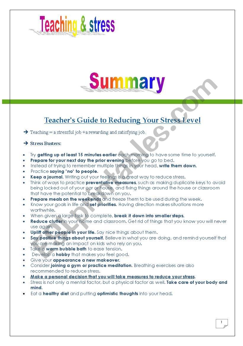 SUMMARY -Teachers Guide to Reducing Your Stress Level (Comprehensive)