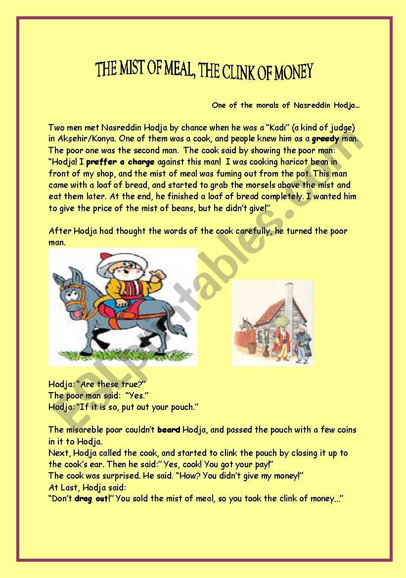 a reading and speaking activity on simple past and past continuous tense with NASREDDIN HODJA