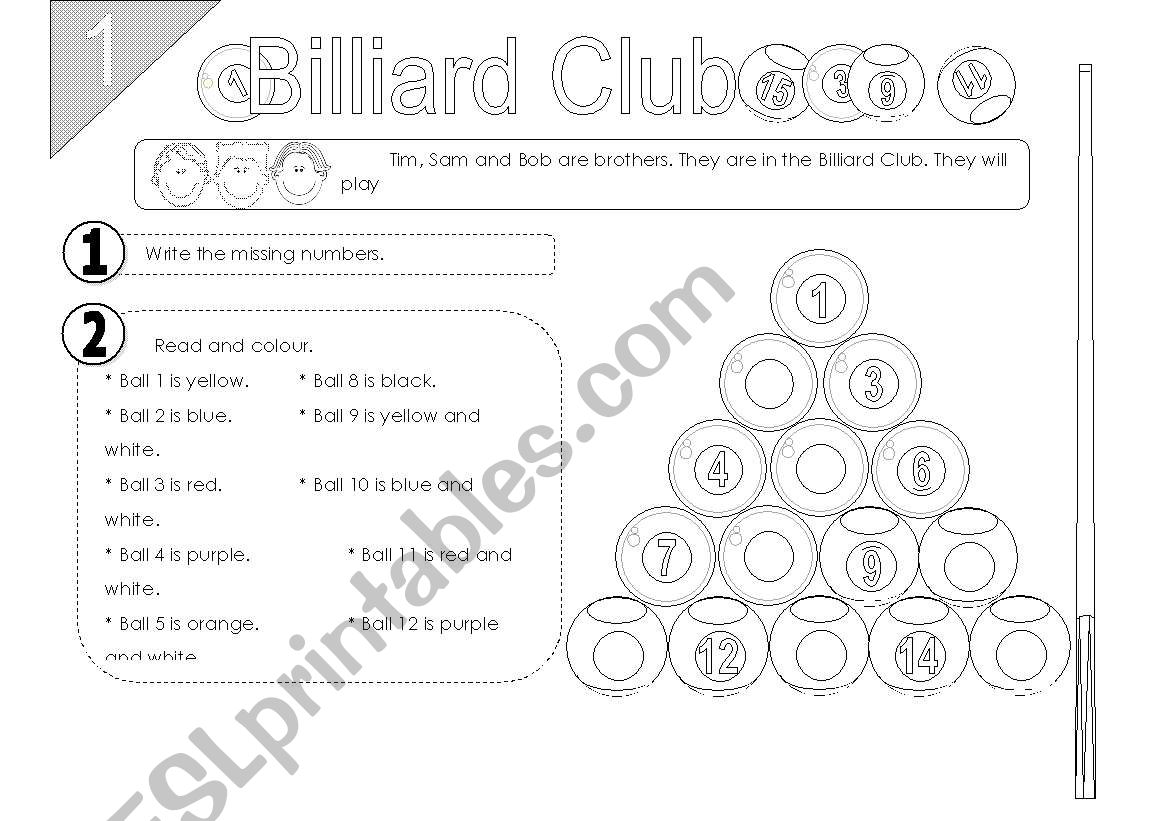 Billiard Club: Numbers 1-15 and colours (2 Pages)