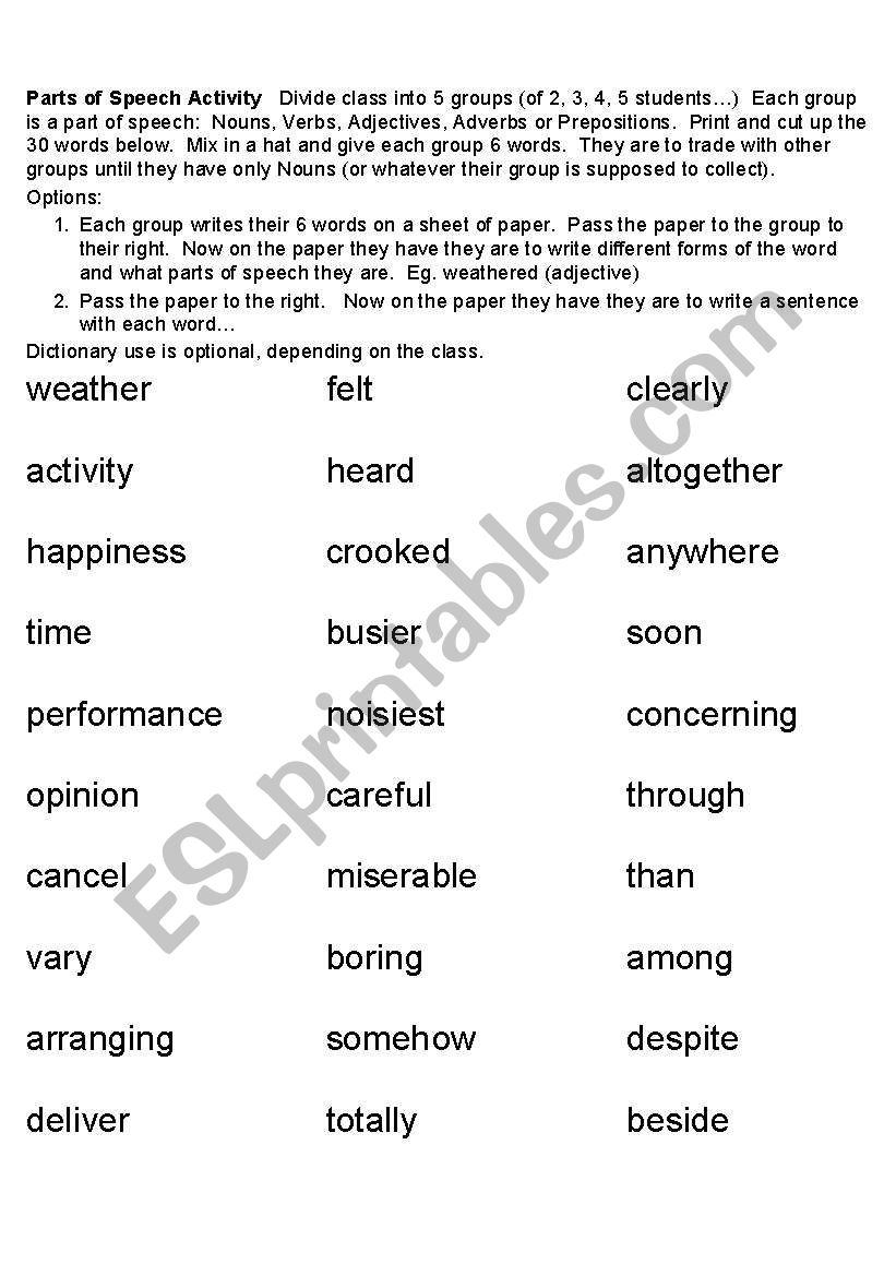 Parts of Speech Activity worksheet