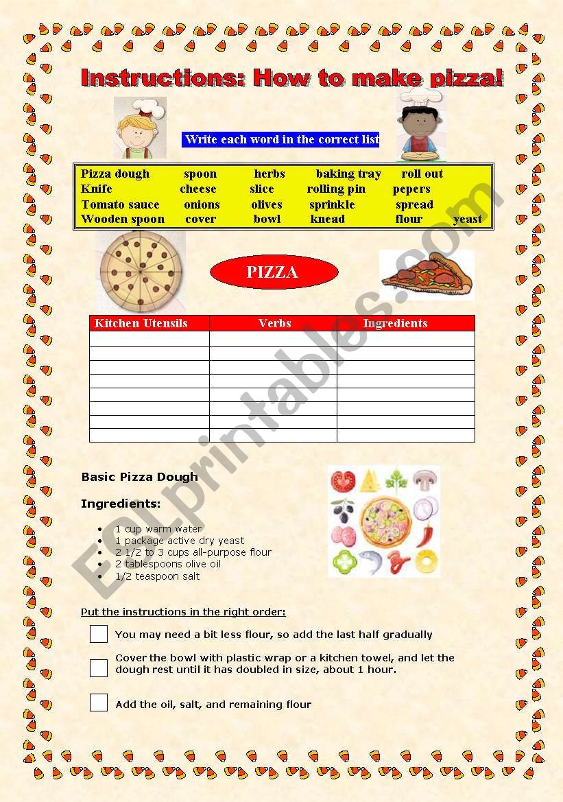 Recipe instructions worksheet