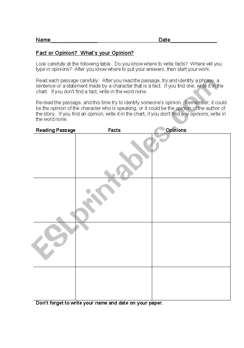 Fact or Opinion worksheet