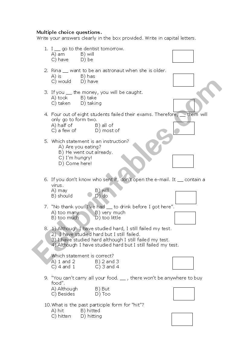 Multiple choice questions worksheet