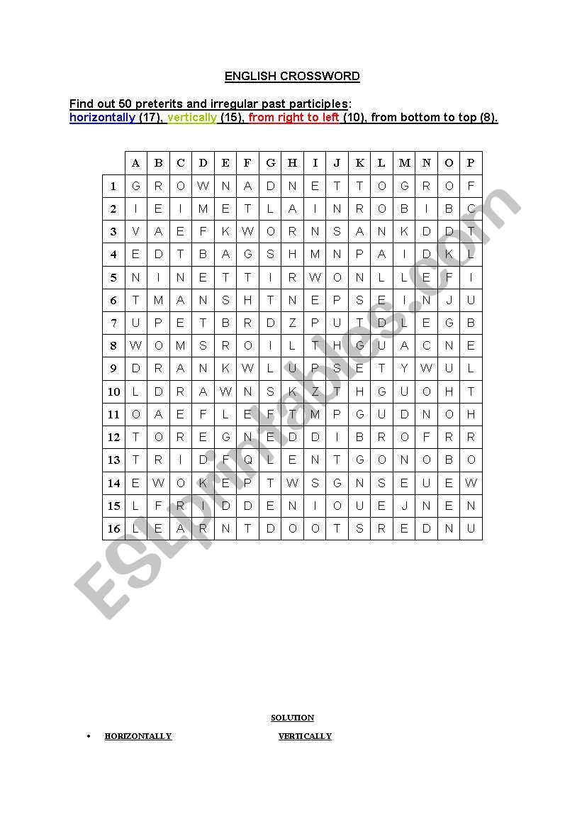 Irregular verbs crossword worksheet