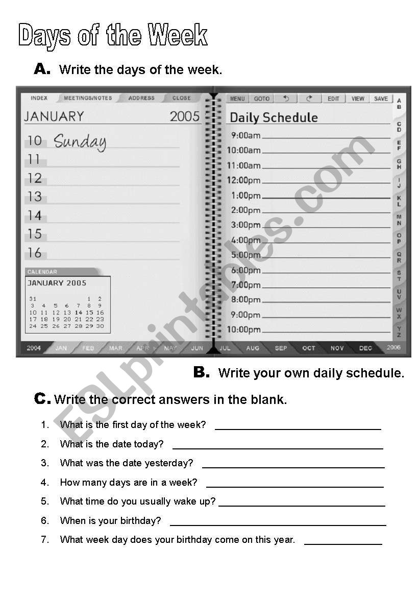 days of the week worksheet