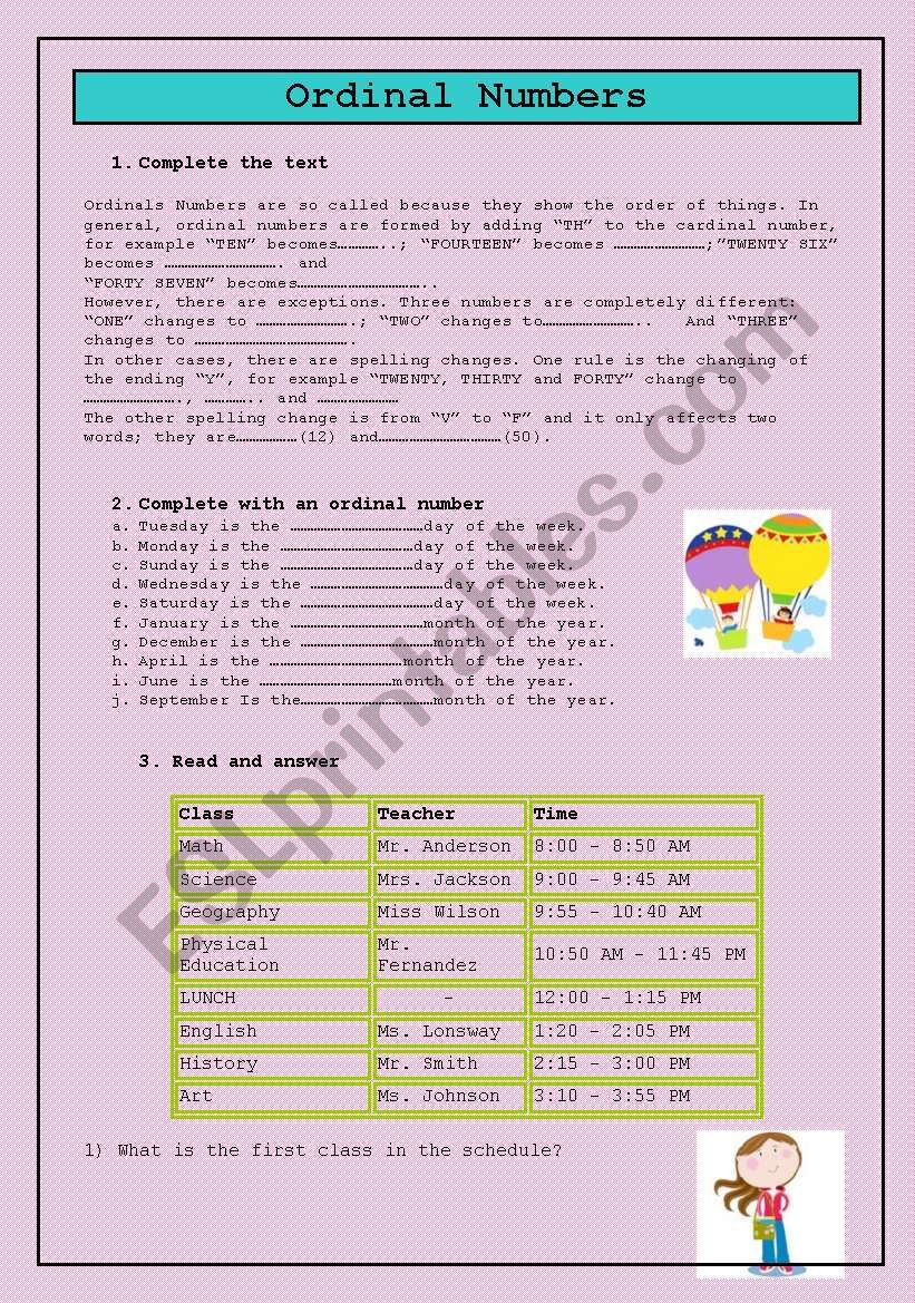 ORDINAL NUMBERS worksheet