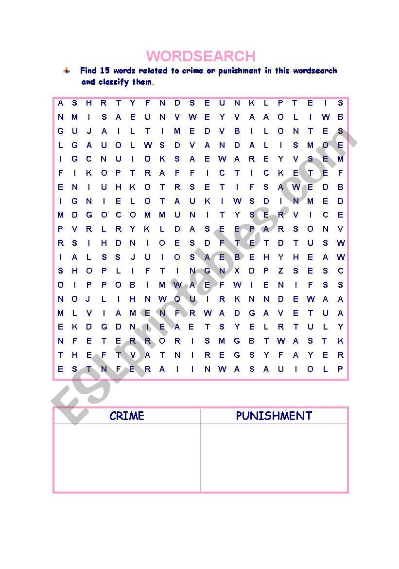 Wordsearch crime & punishment worksheet