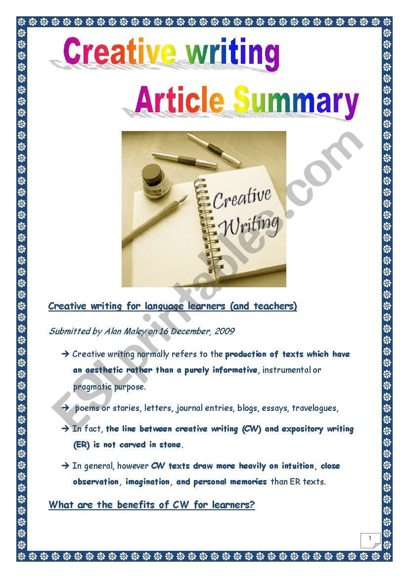 Article summary: CREATIVE WRITING by ALAN MALEY (5 pages)