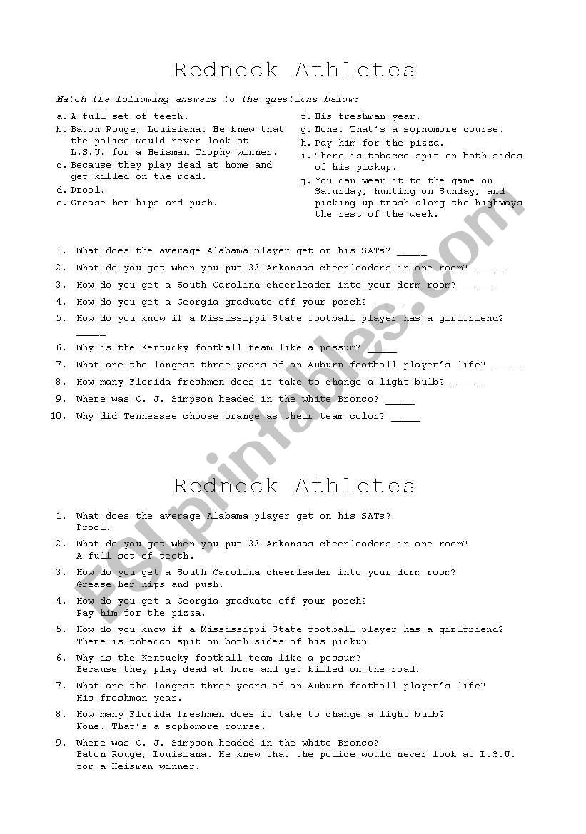 Redneck Athletes worksheet