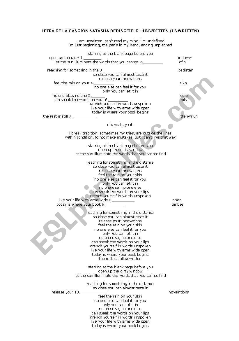 SONG_ UNWRITTEN worksheet