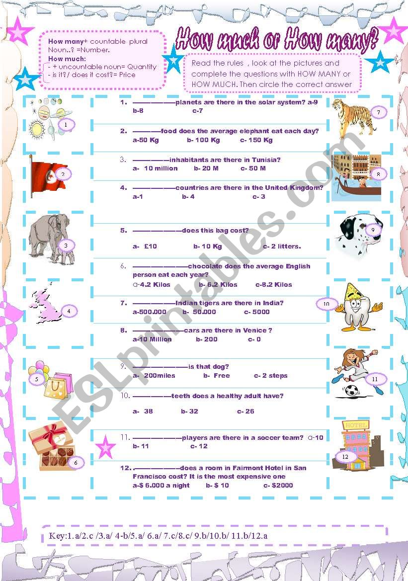 How many or How much.( + Key) worksheet