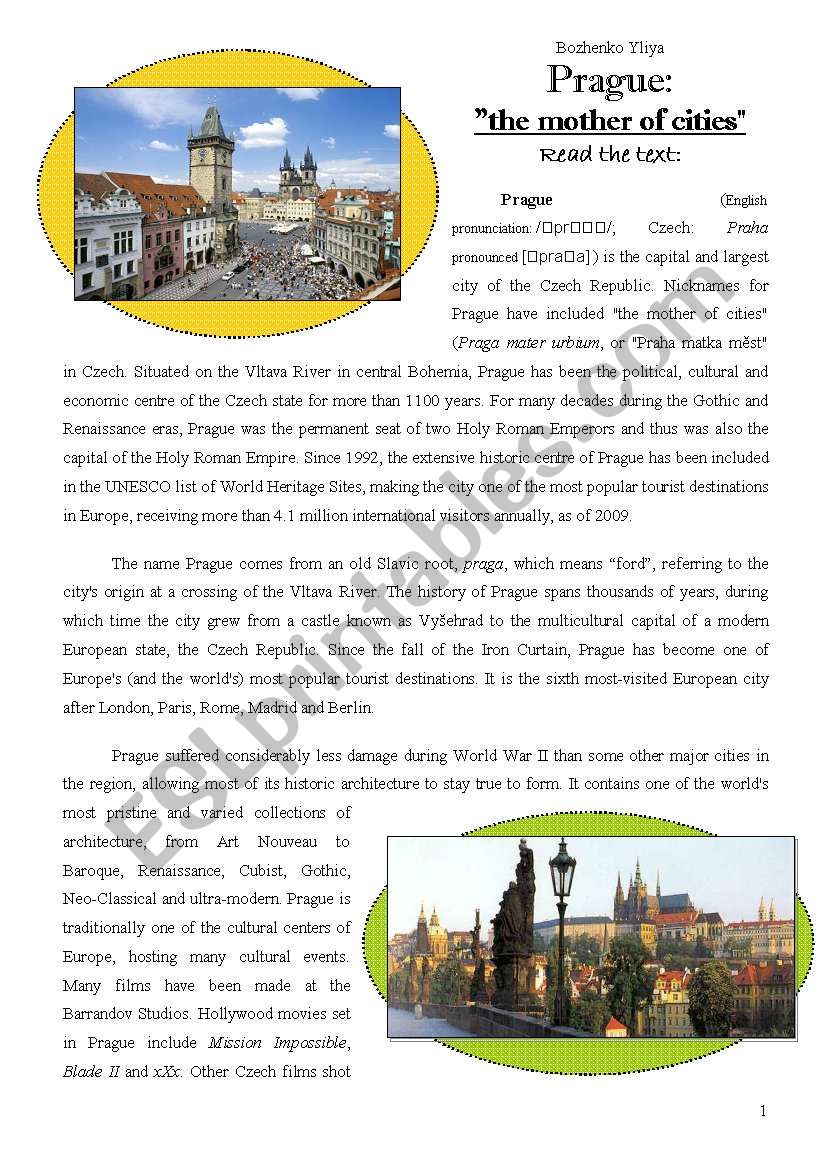 Prague: the mother of cities worksheet