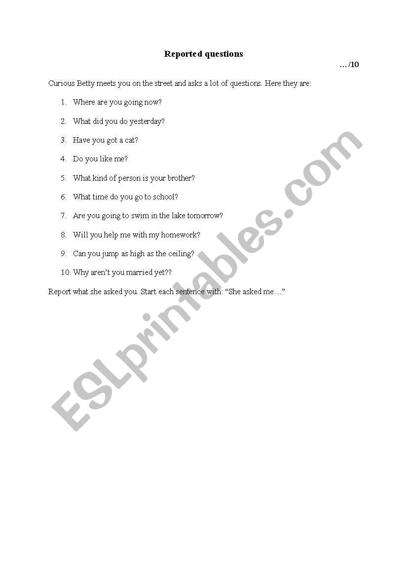 Reported questions worksheet